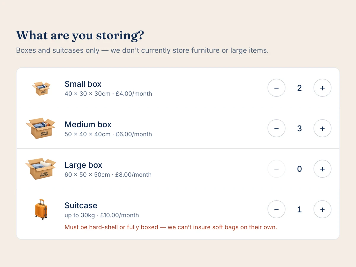 The Leeds Storage booking form: small, medium and large boxes and a suitcase with monthly prices